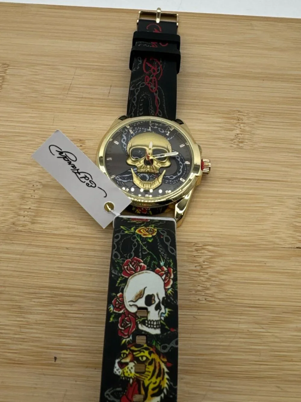 ED HARDY Skull Men's Quartz Movement Gold/Multicolor Print Analog Watch